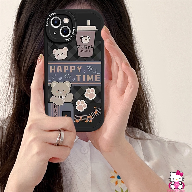 Happy Time Milk Tea Case Realme C53 C55 10 Pro Plus C30 C35 C21Y 8i C31 C12 C25Y C11 GT C25s C17 C15 C25 C20 9i 6i 8 5i 7i 8pro 5s 7 6s 5 6 C3 C21 Kartun Beruang Sarung TPU Lembut Motif Kotak