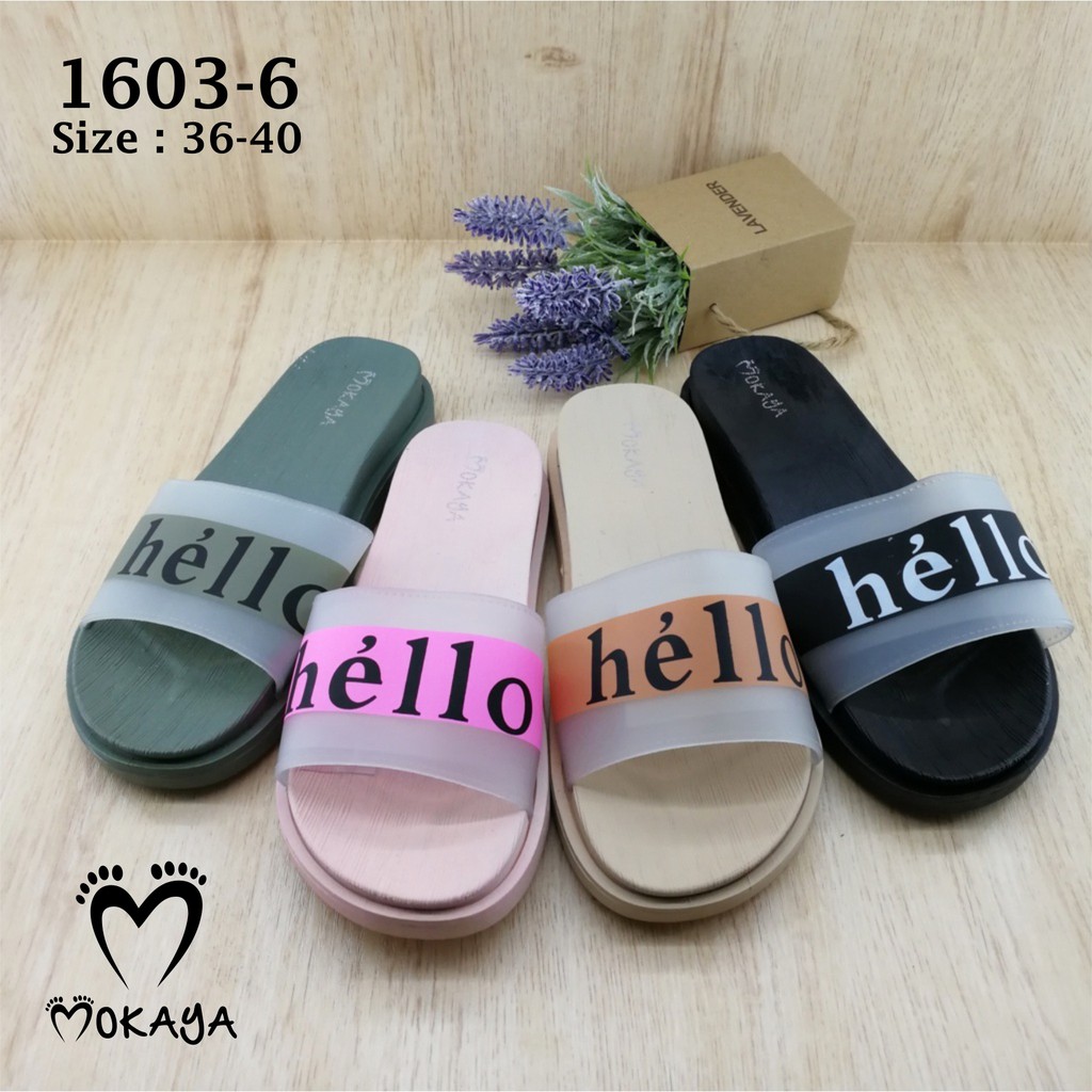 Sandal Slop Wanita Tulisan Hello Cantik Keren Lucu Import Mokaya / size 36-40 (1603-6)