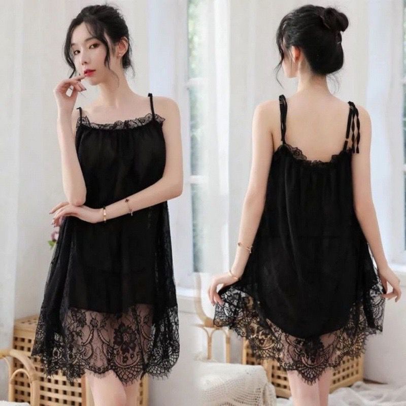 [ LINGERIE MASTER ] - (B-45) Set Lingerie Dress Wanita Baju Daster Renda Brukat Baju Tidur Bahan Lace Brukat Impor-B-45 Black