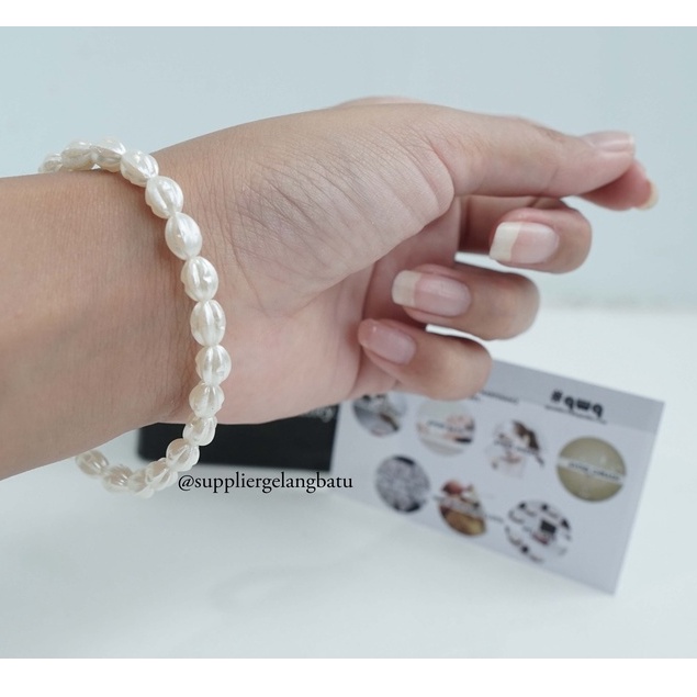 GELANG Mutiara Sintetis OVAL ULIR 8MM WHITE PEARL bingkisan cantik