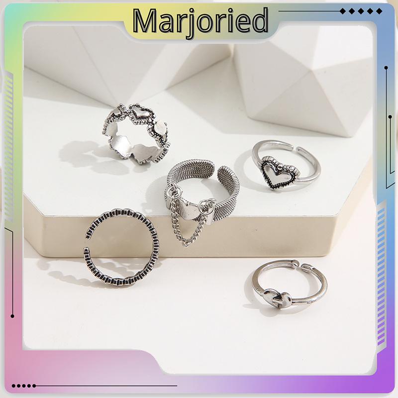 5pcs / Set Cincin Jari Telunjuk Model Terbuka Desain Hati Hollow Gaya Retro-MJD