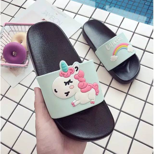 Dts sandal unicorn pelangi terbaru karet timbul realpict