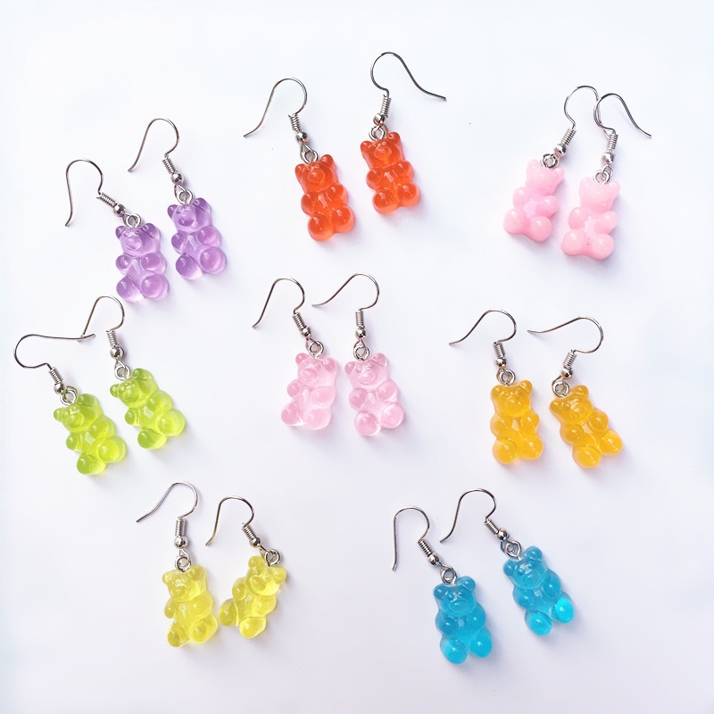 Anting stud Desain Kartun Beruang Gummy bear Warna Permen Transparan Buatan Tangan Gaya Jepang