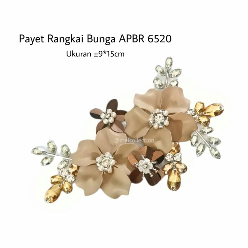 payet rangkai bunga 3d APBR 6520 Brown Gold permata diamond aplikasi dada pinggang