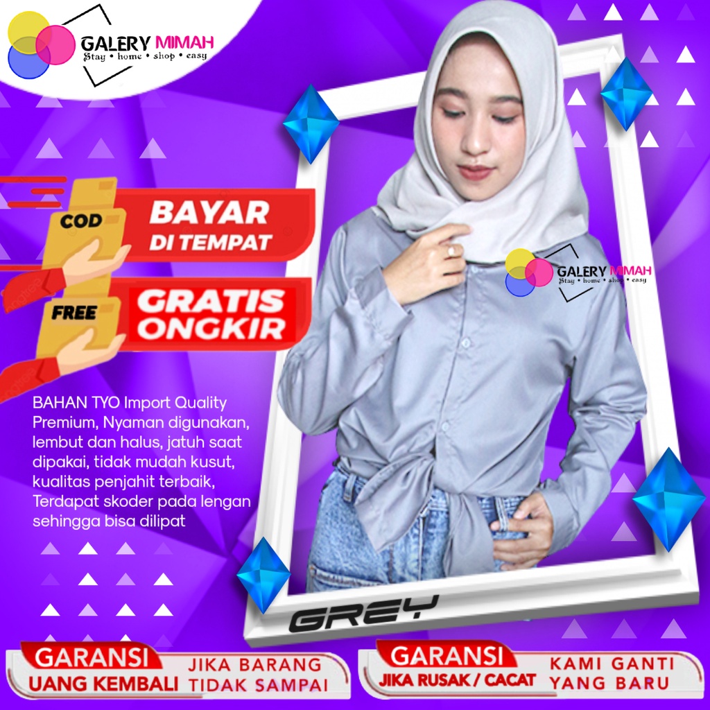 Baju Kemeja Wanita Grey Atasan Wanita Blouse Casual Wanita Hem Alisan Wanita Oversize Kemeja Kerja L