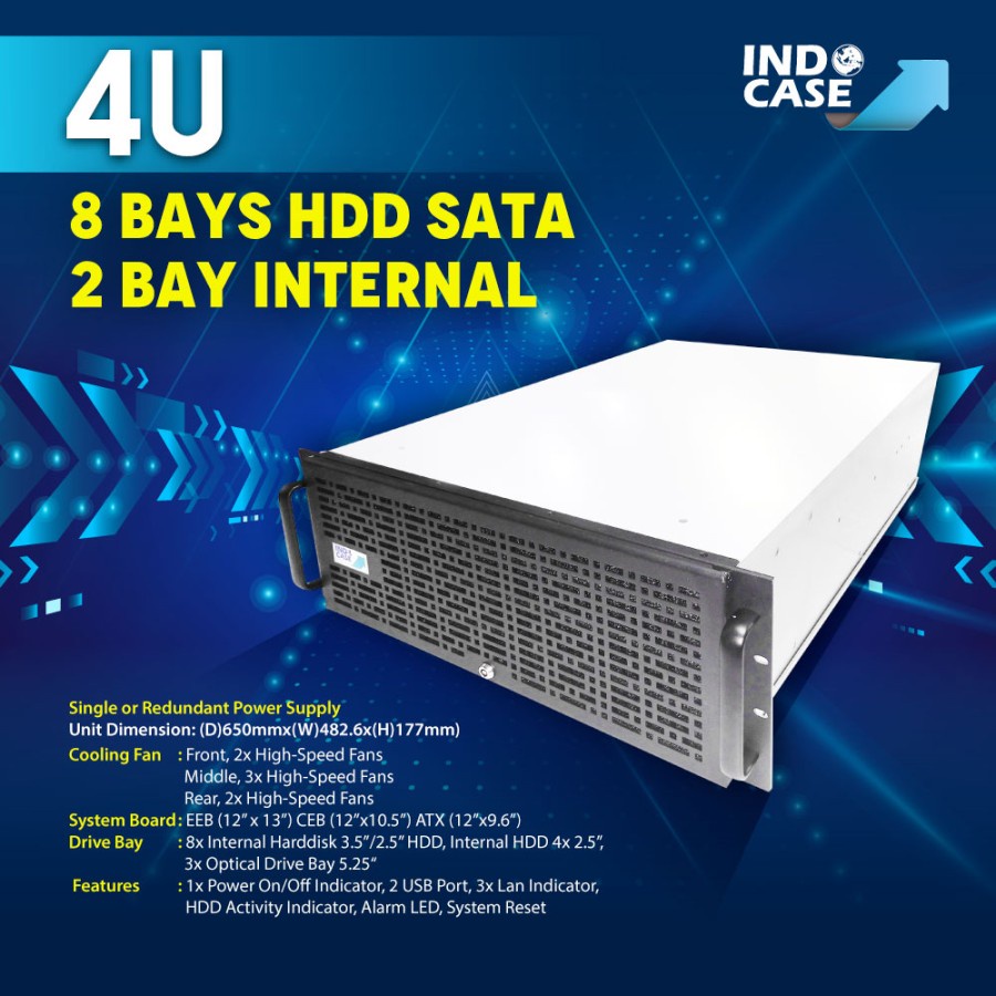 IC4008 - CASE RACKMOUNT 4U 8 BAYS HDD SATA 2 BAYS INTERNAL -INDOCASE NO PSU