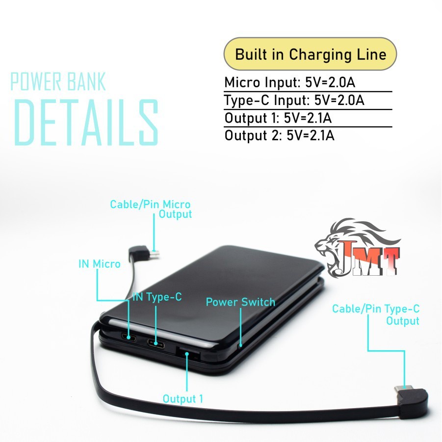 POWERBANK JMT 12000mAh Dual Input Port Type C &amp; Micro