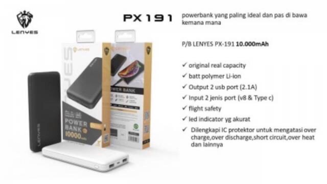 Powerbank Lenyes PX-191 10000Mah 2USB Power Bank Original PB