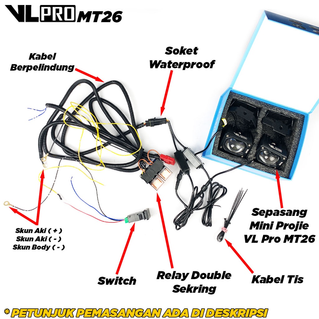 Paket Kabel Set Mini Projie VLPRO MT26 Foglamp Laser Gun 12V 24V Original Kuning Putih Hi-Low Jauh D