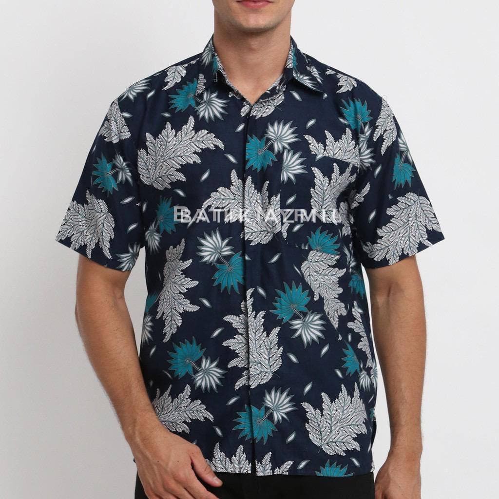 Batik Pria Lengan Pendek BATIK AZMIL HRB026 motif KERATONAN Kode 002 size M L XL-Hem Daun