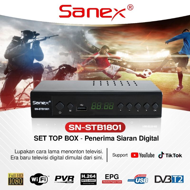 STB TV DIGITAL Sanex Set Top Box TV Digital / STB Digital Receiver DVB-T2 SN-STB1801 tabung berkuali