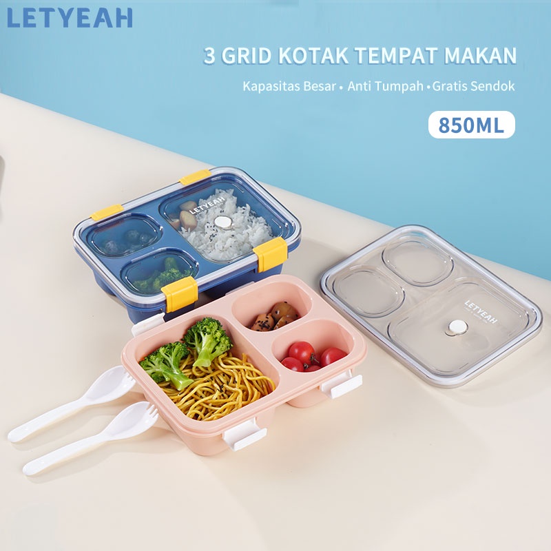 letyeah Kotak Makan 3 grid /tempat bekal makan anti tumpah dan sendok