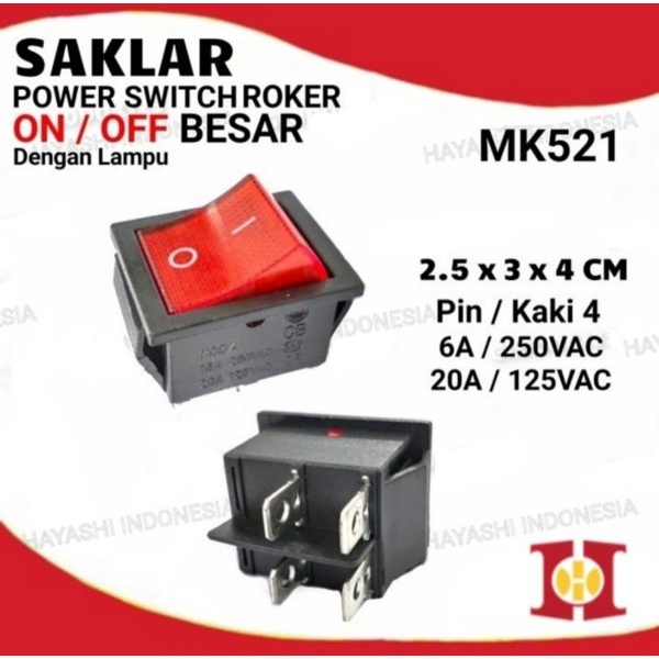 Saklar Power Switch ON OFF Roker Besar 4 Pin Kaki Dengan Lampu - 5pcs