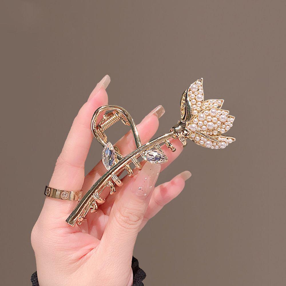 Agustina Wanita Cakar Rambut Trendi Elegan Mutiara Jepit Rambut Lotus Zirkon Hiu Klip