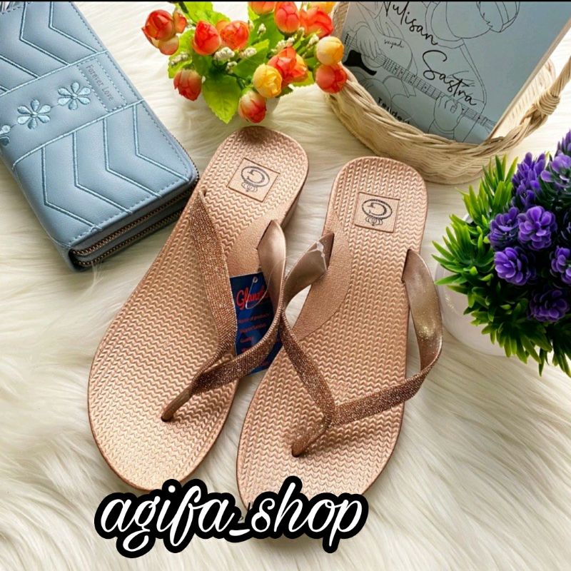 GLANZTON SANDAL JEPIT GLITER WEDGES 5cm L1901 Sandal wanita Sandal Sandal jepit Sandal japit sandal 