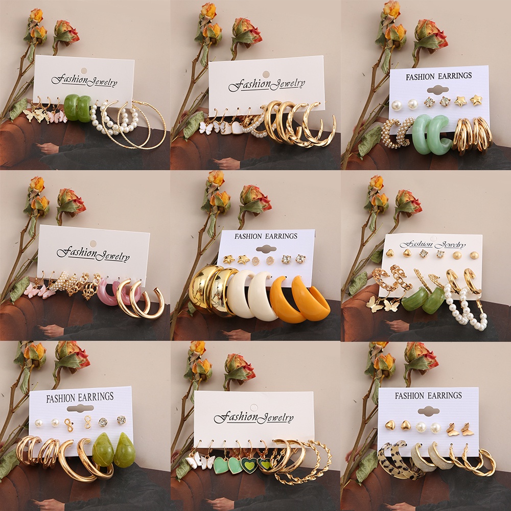 IFYOU 6 Pasang / Set Anting Desain Kupu-Kupu Aksen Mutiara Warna Emas Untuk Wanita