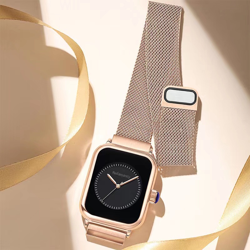 Redamancy Jam Tangan Wanita Original Mode Bisnis Display Kuarsa Jam Wanita Tali Jala Tahan Air Jam Tangan Cewek Jam RoseBlack-sabuk baja-5