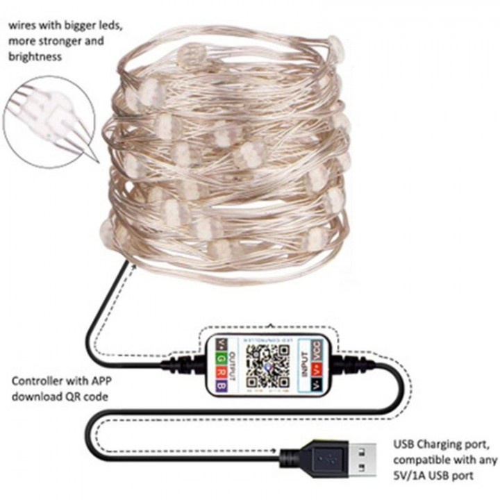 99 Lampu Hias LED 2M - Silver Wire String RGB LED Strip Lamp APP Control