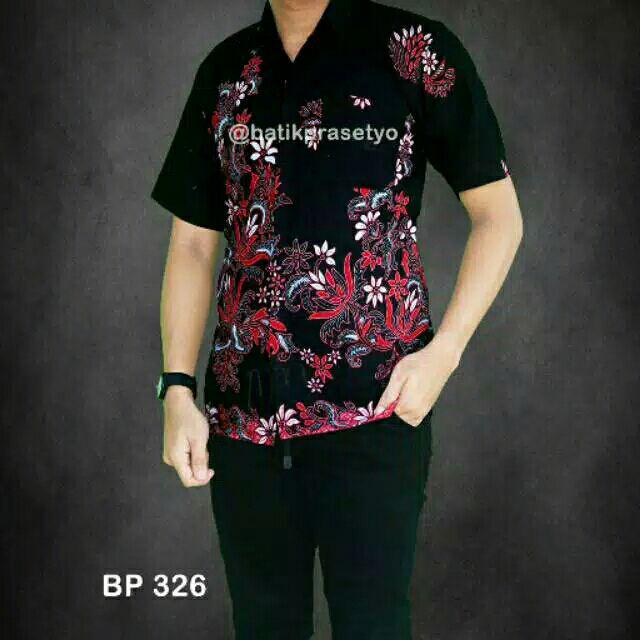 Hem Batik Kencana Hitam | Atasan Pria Batik Modern Batik Pria Motif New Sekar Warna Merah Pekalongan