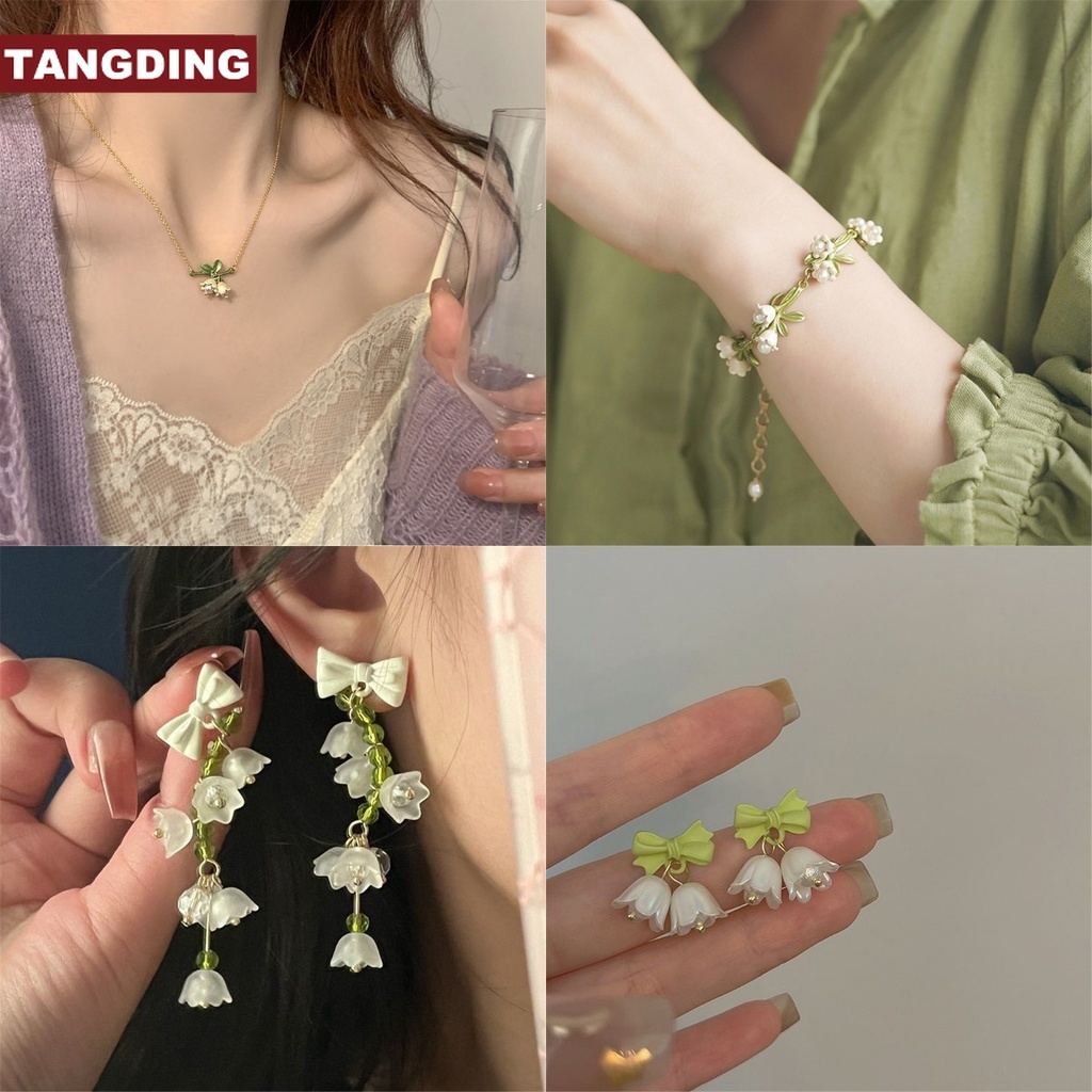 【COD Tangding】 Set Kalung + Gelang + Anting Tusuk Gaya Retro Motif Bunga Anggrek Putih Untuk Perhiasan Wanita