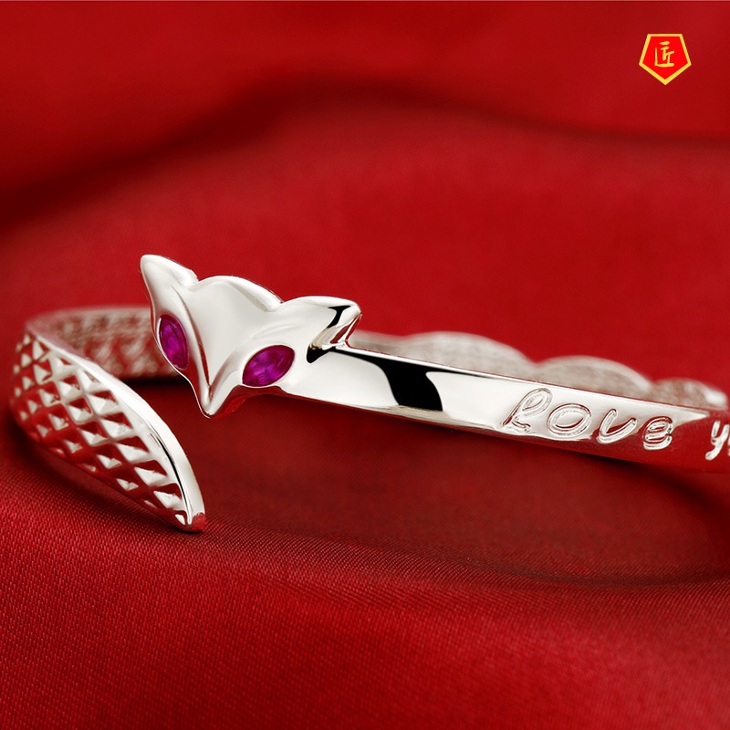 [Ready Stock]Women's Fashion Retro Red Corundum Eyes Fox Silver Bracelet