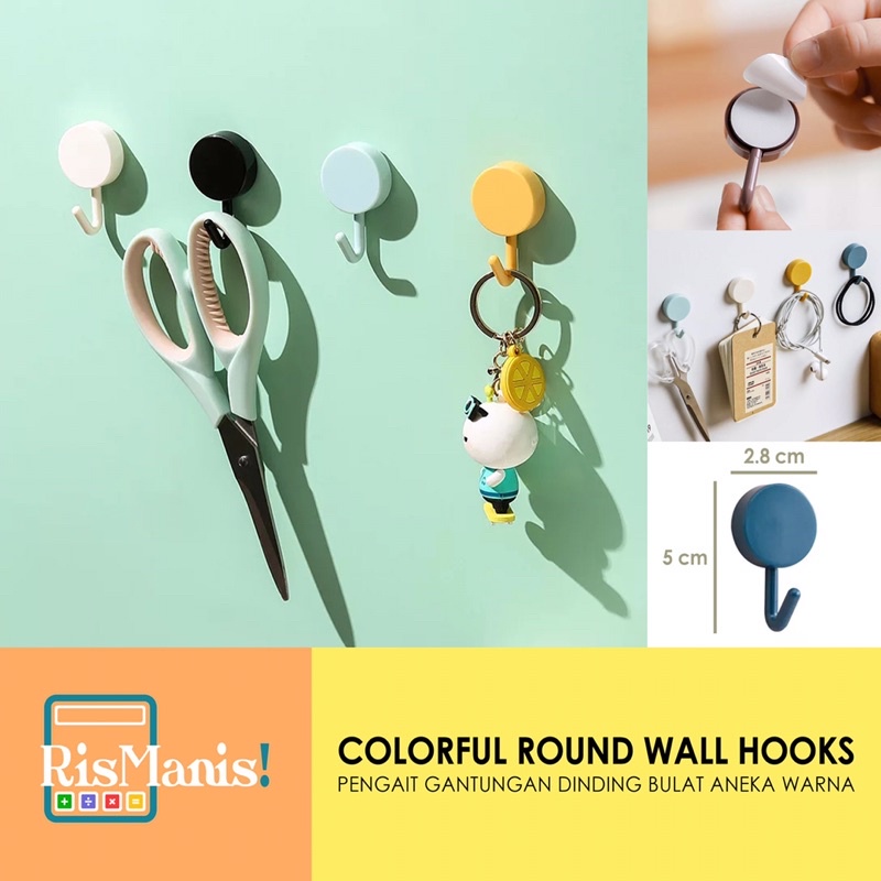 COLORFUL ROUND WALL HOOKS Hanger Pengait Gantungan Tembok Tempel Dinding Cantolan Bulat Aneka Warna