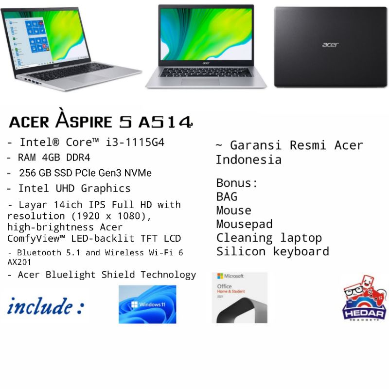 Acer aspire 5 A514 Core i3 1115G4 4GB 256GB Intel W11 OHS 14 FHD