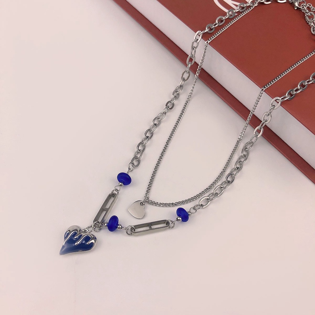 Kalung Klavikula Lapisan Ganda Dengan Liontin Hati Warna Biru