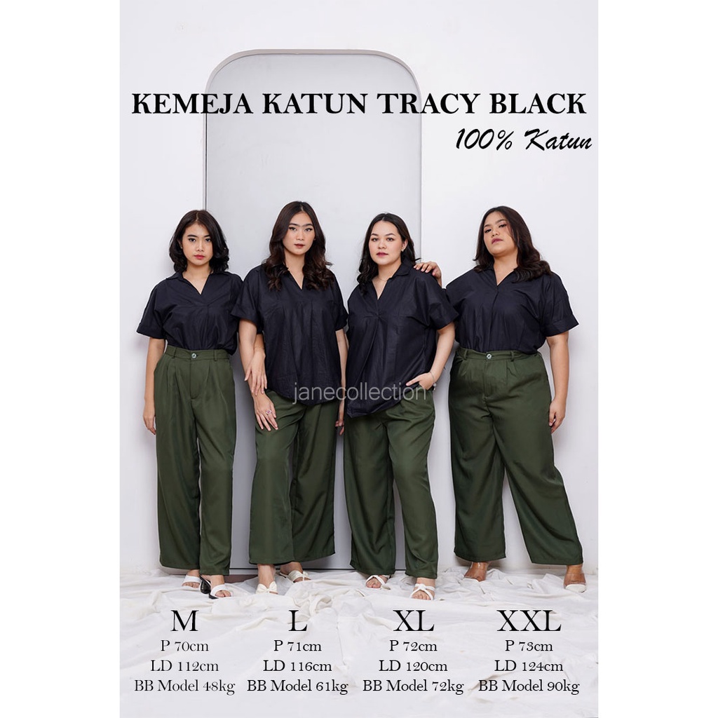 JANE COLLECTION || Kemeja Kerja Wanita Hitam Kemeja Basic Polos Putih Lengan Pendek Katun 100% Oversize XXL - Kemeja Katun Tracy