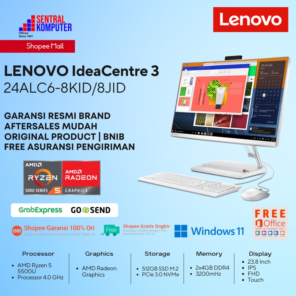 Lenovo Idea Centre 3 24ALC6 - Ryzen 5 5500U-8GB-512GB-Win11-OHS