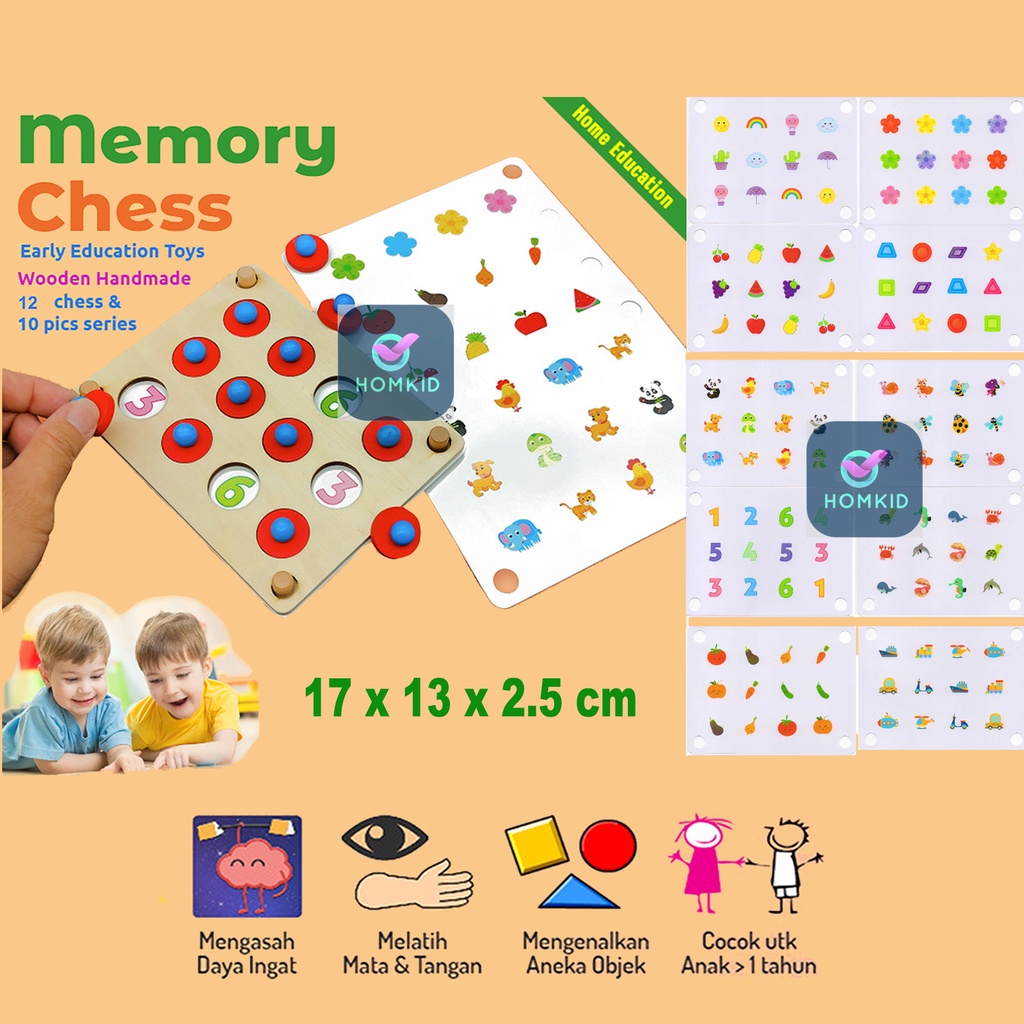 Mainan Edukasi Anak Basic Shape Kayu Balok Geometri Puzzle 3D Montessori Sensory Xylophone Jam Angka-MEMORY CHESS