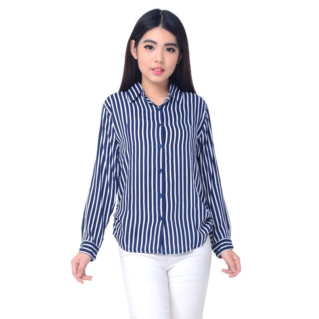 KEMEJA WANITA RAYON SALUR WARNA NAVY (BIRU DONGKER) FIT TO L
