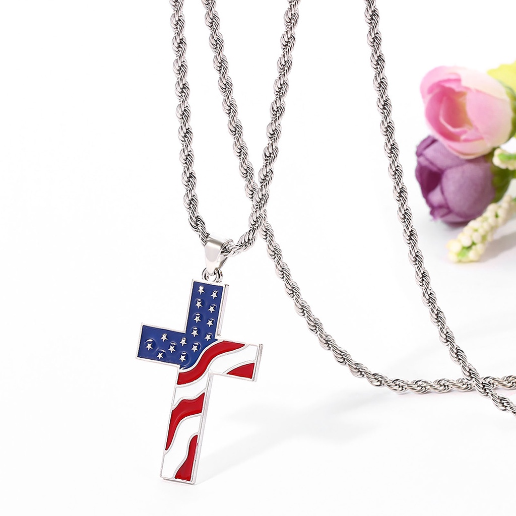 Hu Hu Hu Hu Hu Alat Bantu Pasang Kacamata♡ Kalung Liontin Salib Motif Print Bendera Amerika National Warna-Warni Untuk Pria