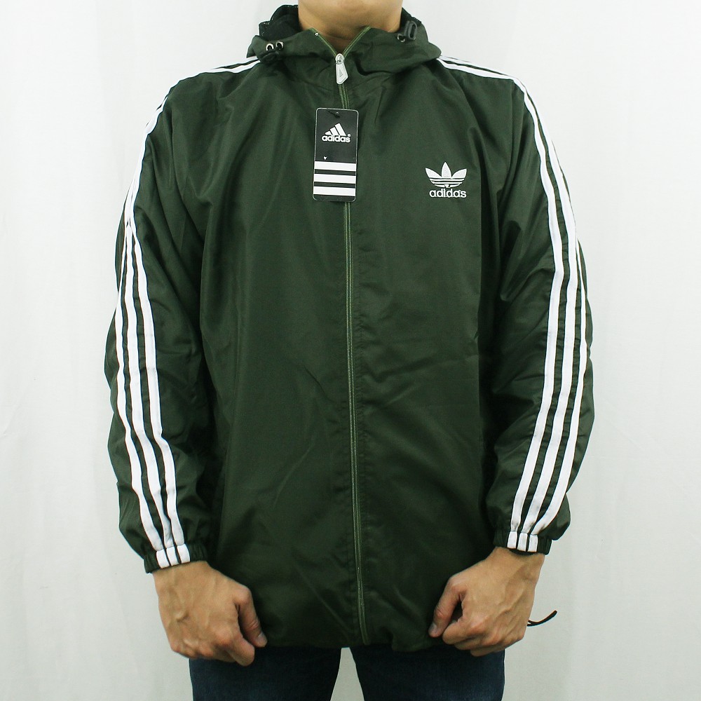 JAKET ADIDAS PARASUT WINDBREAKER HIJAU ARMY  LIST PUTIH  - JAKET PARASUT - JAKET OLAH RAGA XL XXL