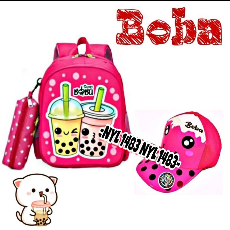 COD/ Tas BOBA 3 in1/ Tas Ransel Anak Sekolah TK -SD/ Free Tempat pensil+ Topi Boba dan Alat tulis anak murah