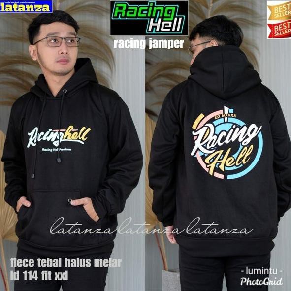 Jaket Sweater Racing Hell Hitam Murah/Hoodie Pria Oblong Premium - Hitam, Xl