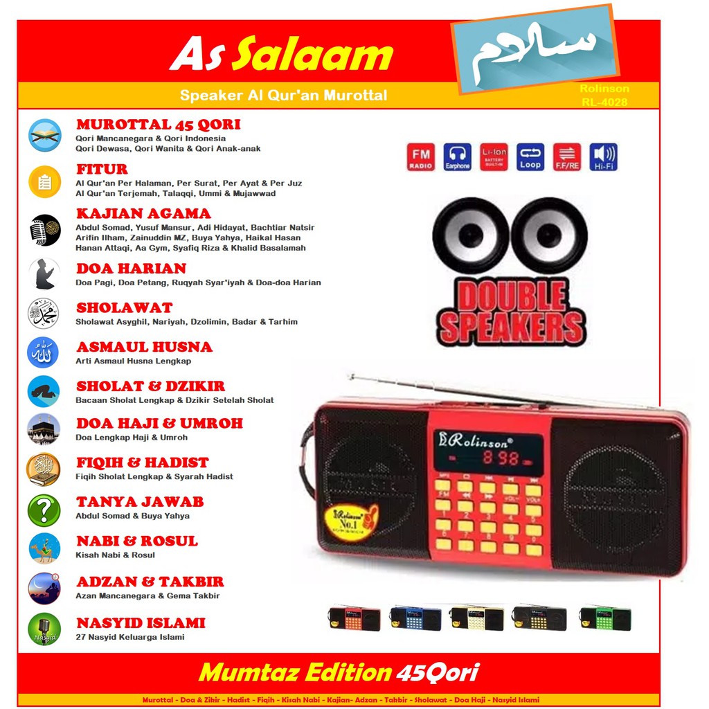 Speaker Murottal Al Quran 45 Qori 16GB Rolinson 4028 RL 4028 Ummi Qori Wanita Nasyid Doa Haji Somad