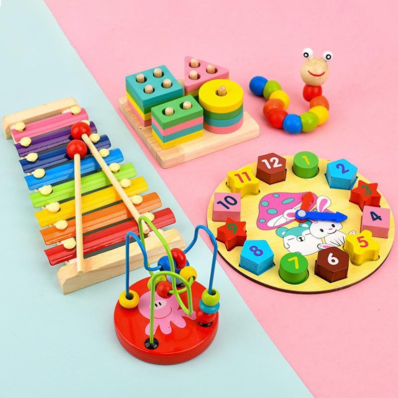 Mainan Edukasi Anak Basic Shape Kayu Balok Geometri Puzzle 3D Montessori Sensory Xylophone Jam Angka