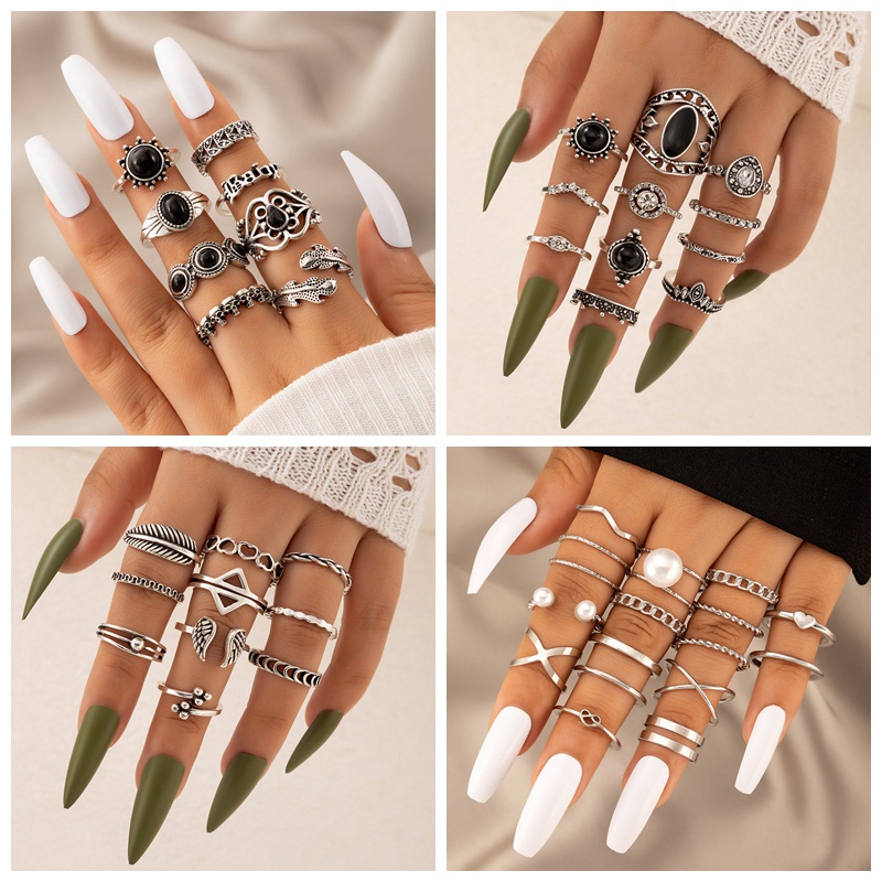 17pcs / Set Cincin Bentuk Geometri Sayap Matahari Daun Aksen Kristal Mutiara Bahan Alloy Gaya Retro Untuk Wanita