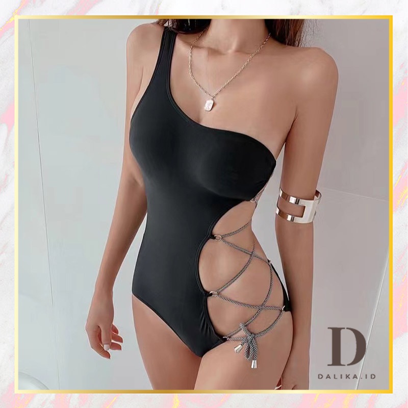 Bikini Swimsuit Baju Renang One Piece Wanita Motif Jaring Tali Terbuka Samping Transparan Import Fashion Bikini Dalika