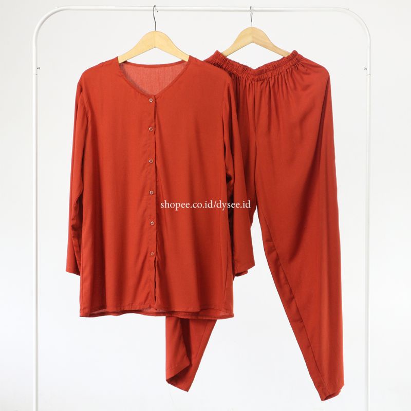 (PIYAMA POLOS) PIYAMA RAYON PAJAMAS RAYON SET BAJU WANITA VIRAL ELEGAN MURAH-TERRACOTA