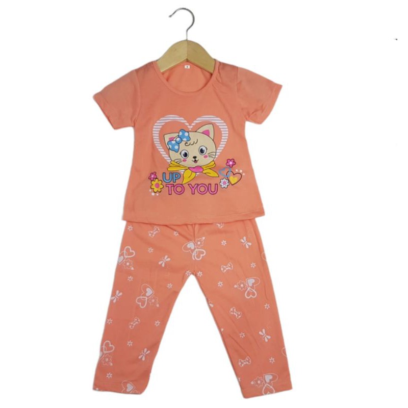 SETELAN SIKUNING PAKAIAN BAJU ANAK PEREMPUAN 2-7 TAHUN MOTIF CAT TO YOU LENGAN PENDEK CELANA PANJANG