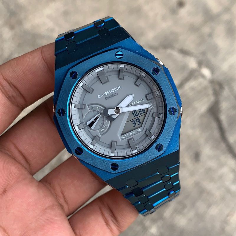 Jam Tangan G-Shock Original GA2100 GA-2100 Oak Custom Strap dan Bezel Stainless Steel Biru 08