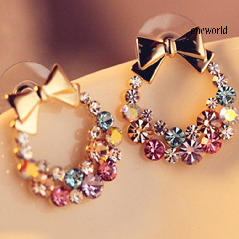 OW@ Women Multicolor Rhinestone Inlaid Bowknot Decor Stud Earrings Jewelry Gift