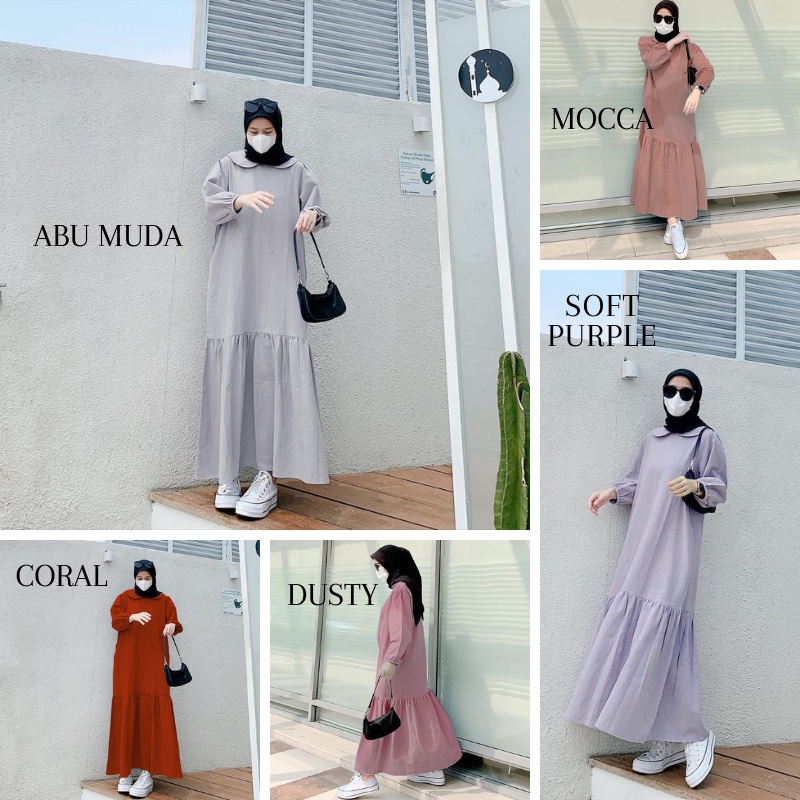 ZAHRA MIDI DRESS Pakaian Muslim Wanita Remaja Lengan Panjang Bahan Najwa Premium Ukuran M L XL XXL Jumbo Motif Polos / Tunik Wanita Muslimah Terbaru Model Rempel Melingkar