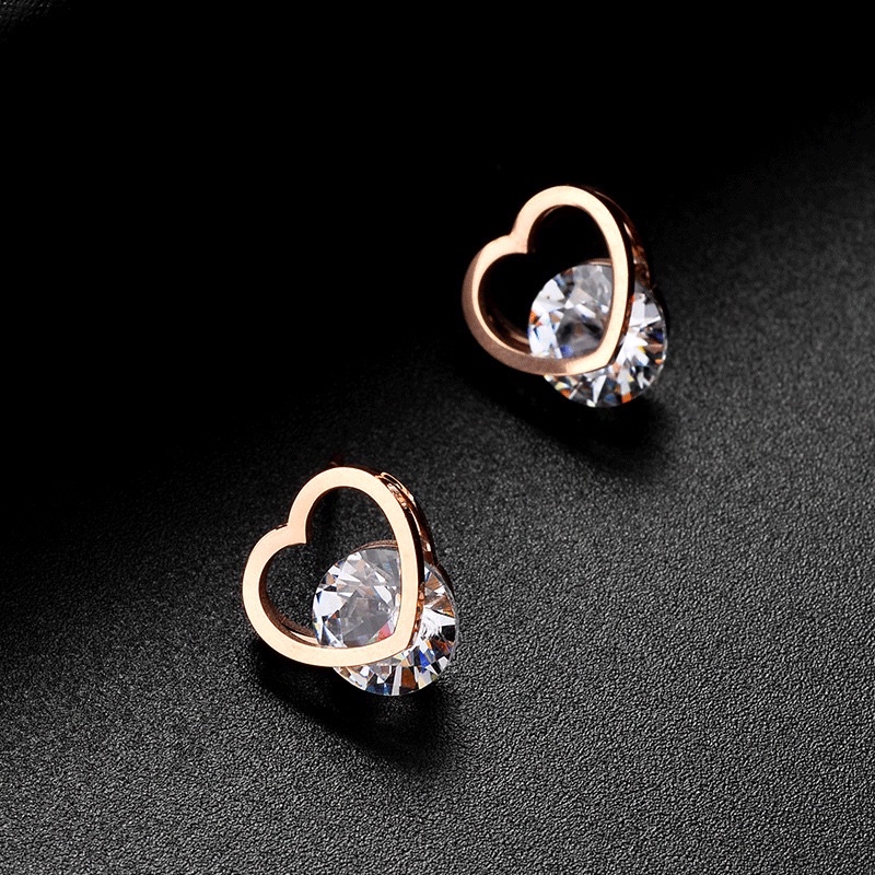 anting titanium hati permata cantik asli stainless steel baru