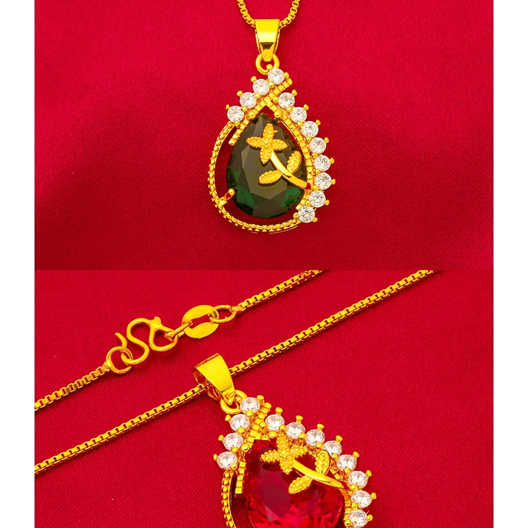 Set Perhiasan Liontin Bunga Drop Zircon Ruby Emerald 24K Lapis Emas Untuk Aksesoris Wanita Sapphire
