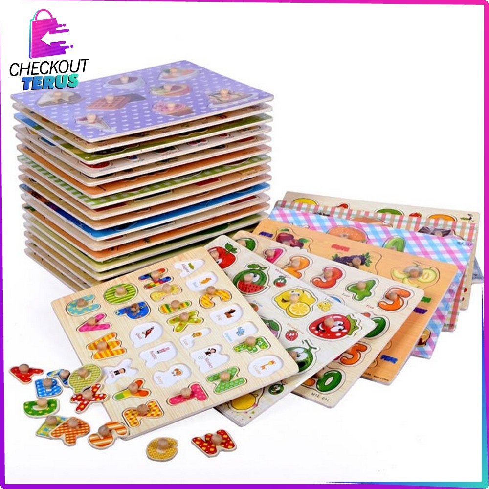 CT M67 M68 Mainan Edukasi Anak Puzzle Kayu Knob Motif Bergambar Mainan Balok Kayu Susun Background Lucu Wooden Toys