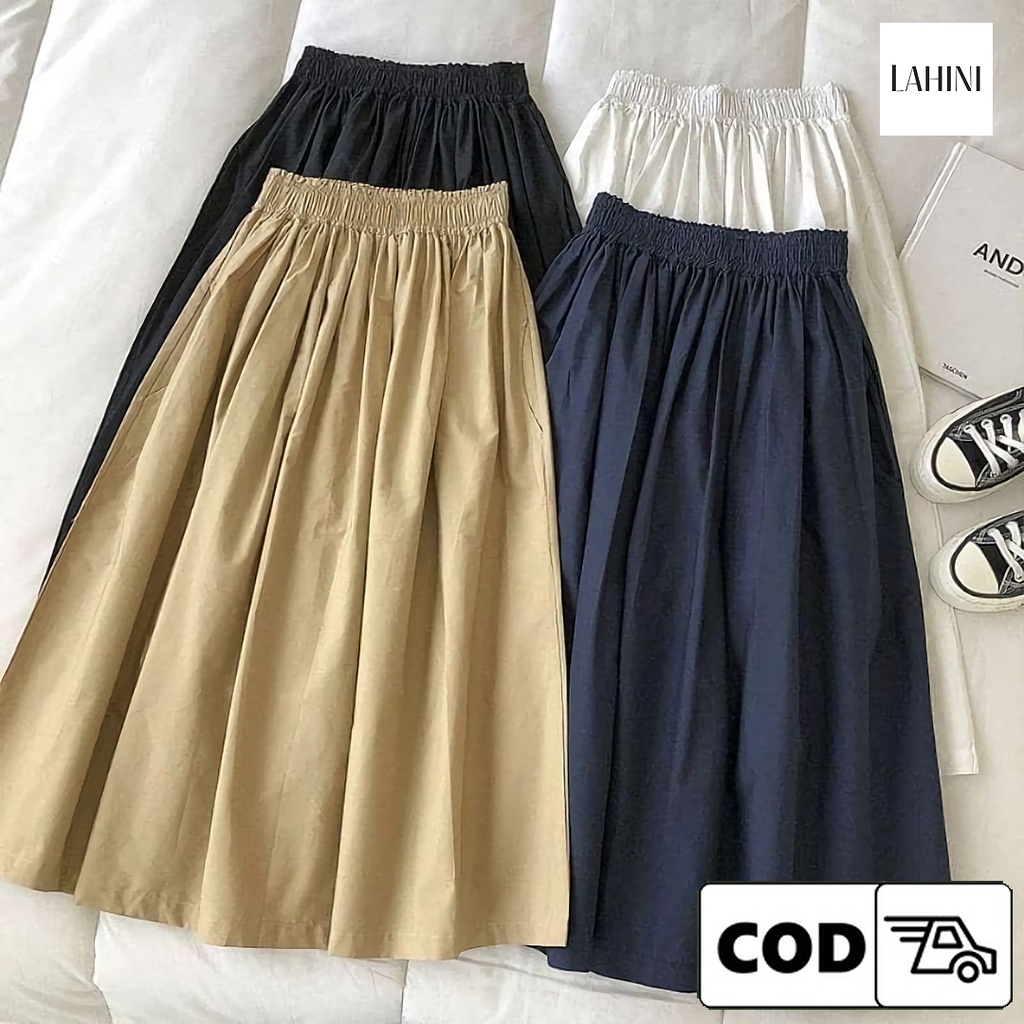 Rok Korean Style Panjang Long Basic Skirt Vintage Casual Kekinian Remaja Dewasa Pinggang Karet Bahan