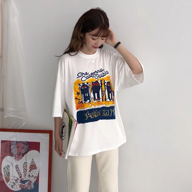 yikoo-Big size Korean lengan pendek atasan kaos t shirt pakaian wanita top